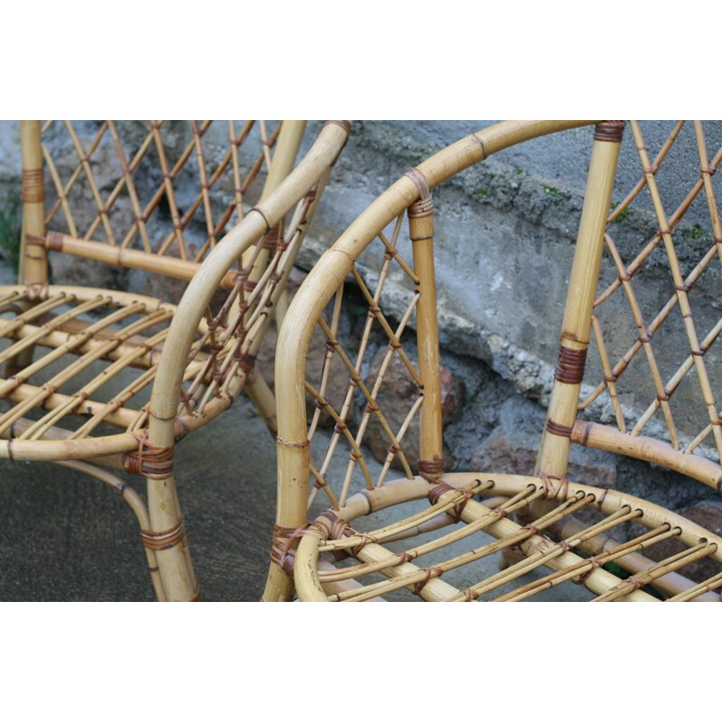 Vintage rattan lounge set with 2 armchairs and 1 bench, 1970