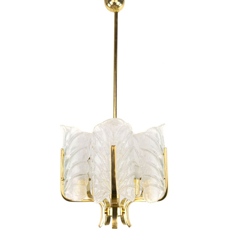 Vintage Glass Leaves and Golden Steel Chandelier by Carl Fagerlund  for Orrefors, Sweden 1960