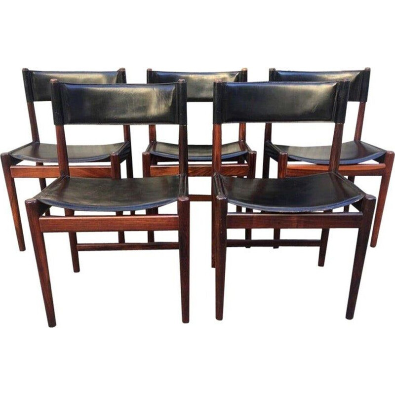 Set of 5 vintage chairs by Arne Vodder in rosewood and leather