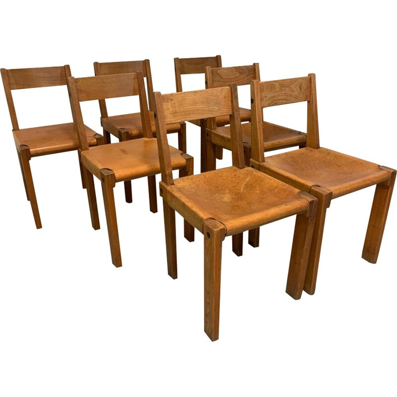 Set of 7 Chairs S24 Vintage of Pierre Chapo in solid elm, 1960