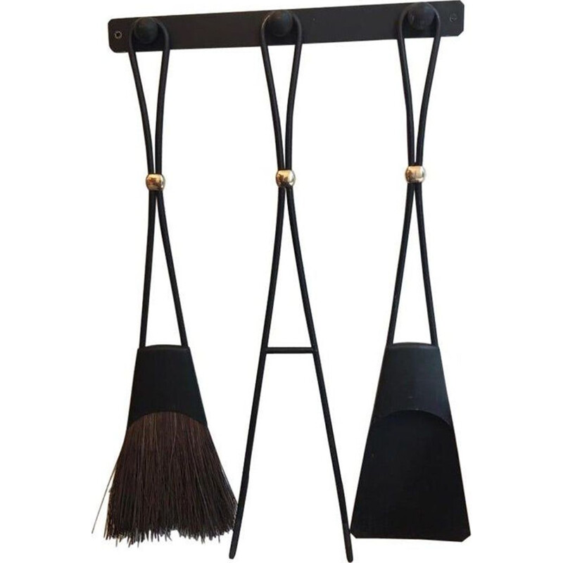 Wrought iron and brass fireplace tool set by Jens Quistgaard for Dansk, Denmark 1950