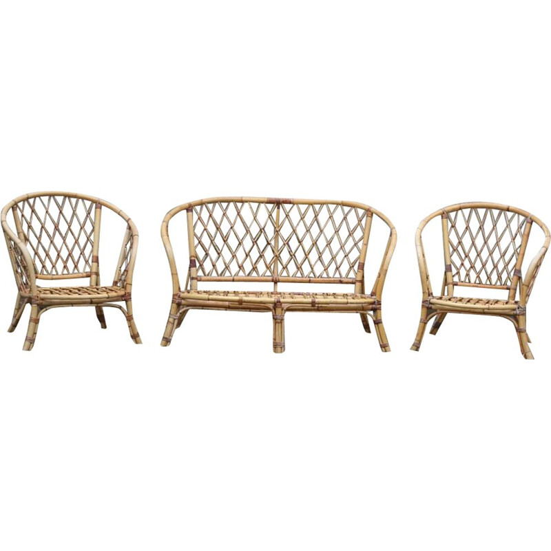 Vintage rattan lounge set with 2 armchairs and 1 bench, 1970