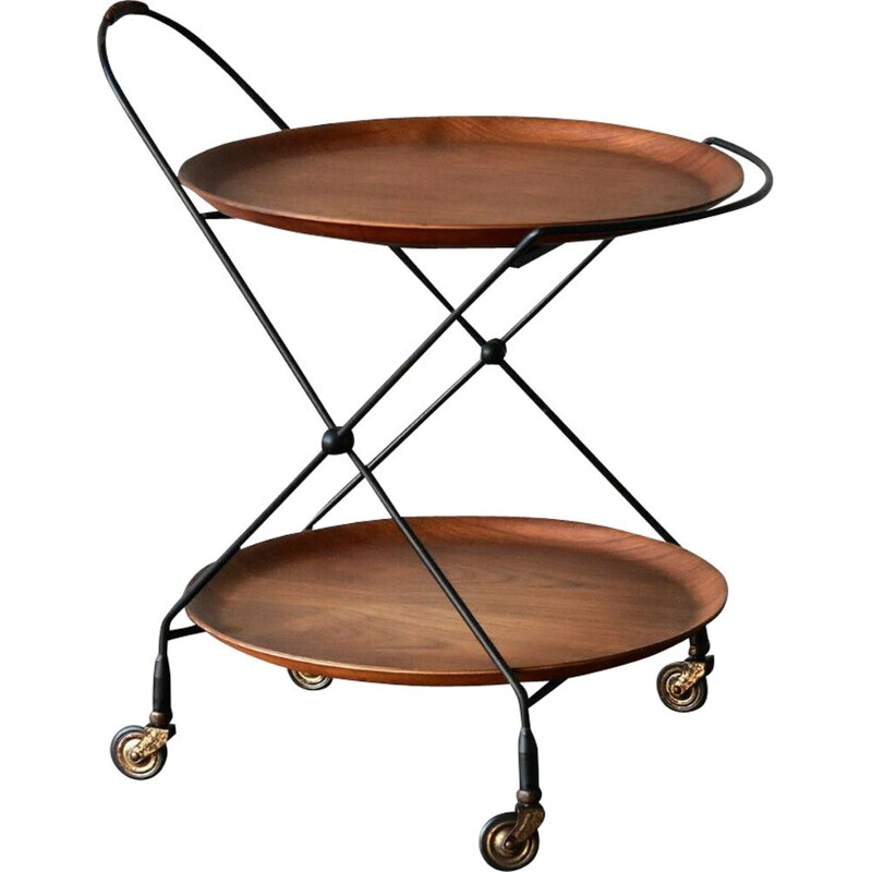 Vintage teak wood serving trolley by J.H Fabriken for Sävsjö, Sweden, 1960s