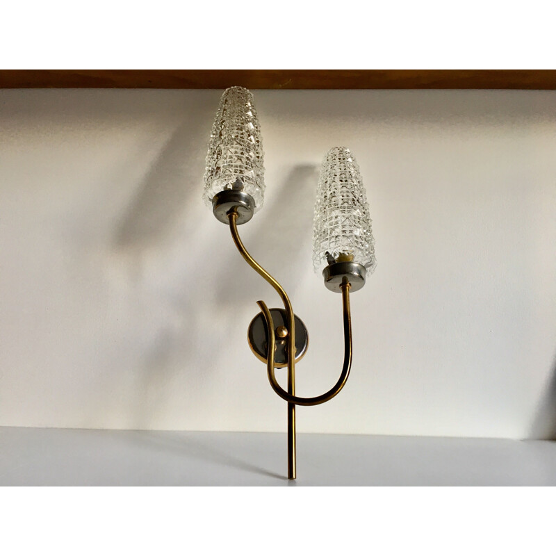 Vintage double brass-plated steel wall light, 1960s