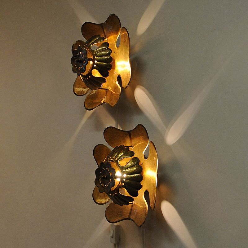 Set of 2 vintage brass Flower wall lights by Lars Holmström, Sweden, 1950s