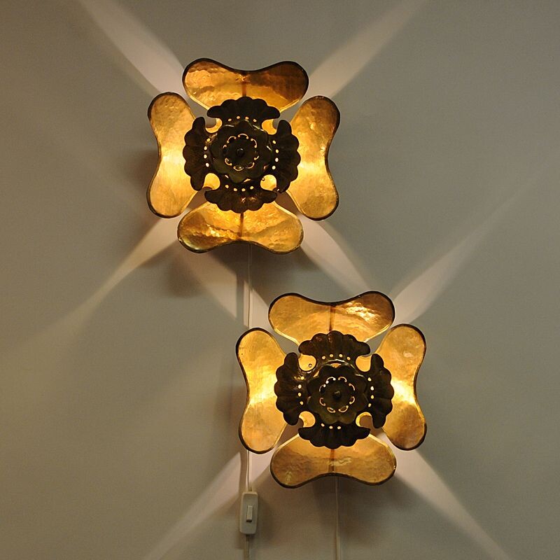 Set of 2 vintage brass Flower wall lights by Lars Holmström, Sweden, 1950s