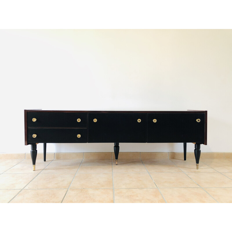 Enfilade basse vintage en acajou noir et laiton, 1965