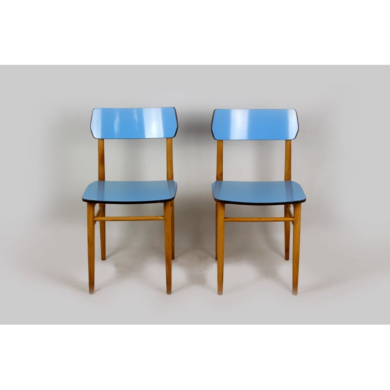 Set of 2 Vintage Blue Formica and beech chairs, 1960s