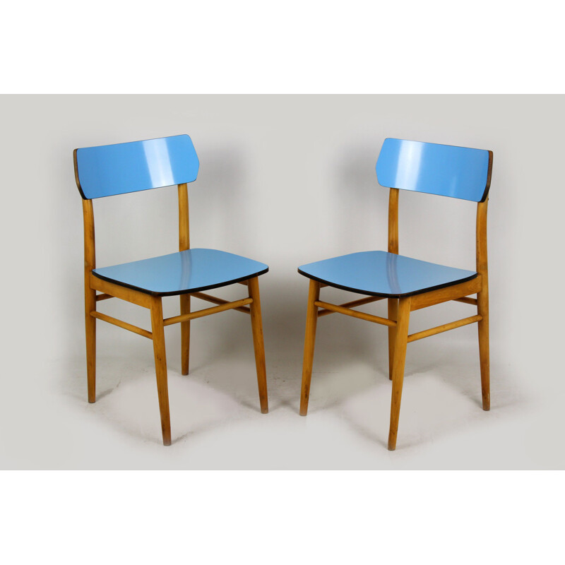 Ensemble de 2 chaises Vintage en Formica bleu et hêtre, 1960