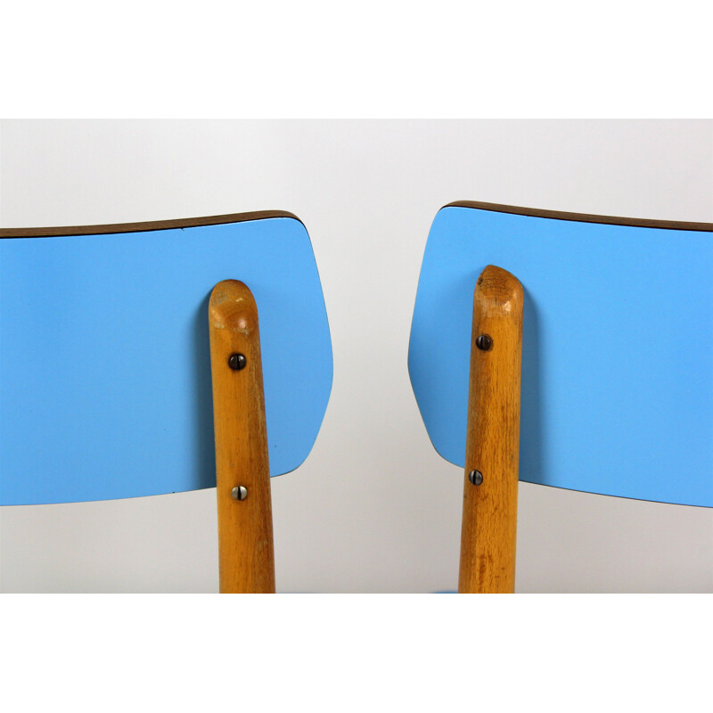 Set of 2 Vintage Blue Formica and beech chairs, 1960s