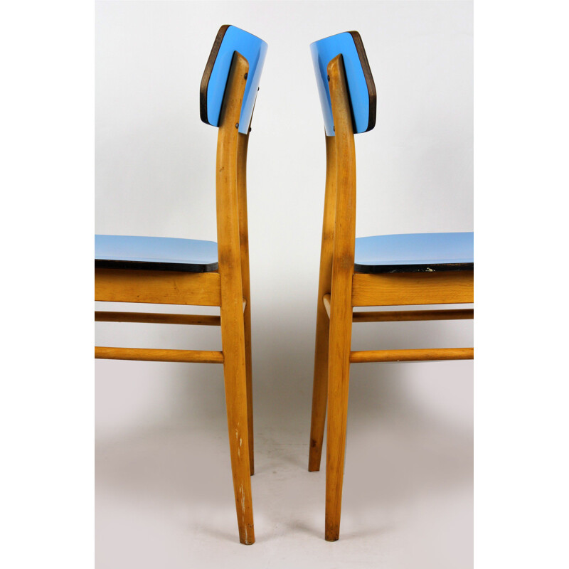 Set van 2 Vintage blauwe formica en beuken stoelen, 1960