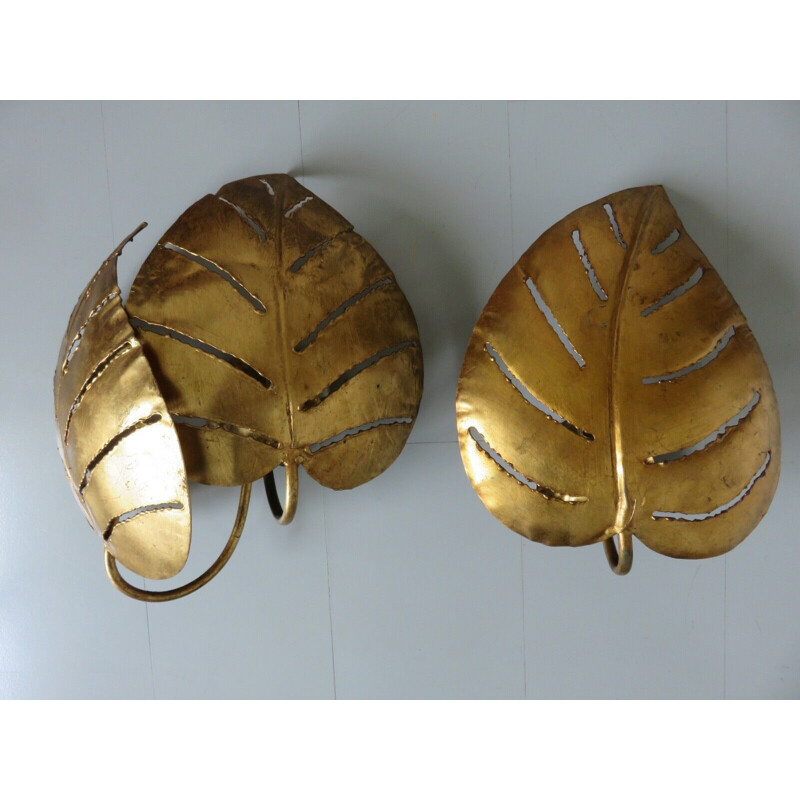 Paire d'appliques vintage feuilles en métal doré, 1970