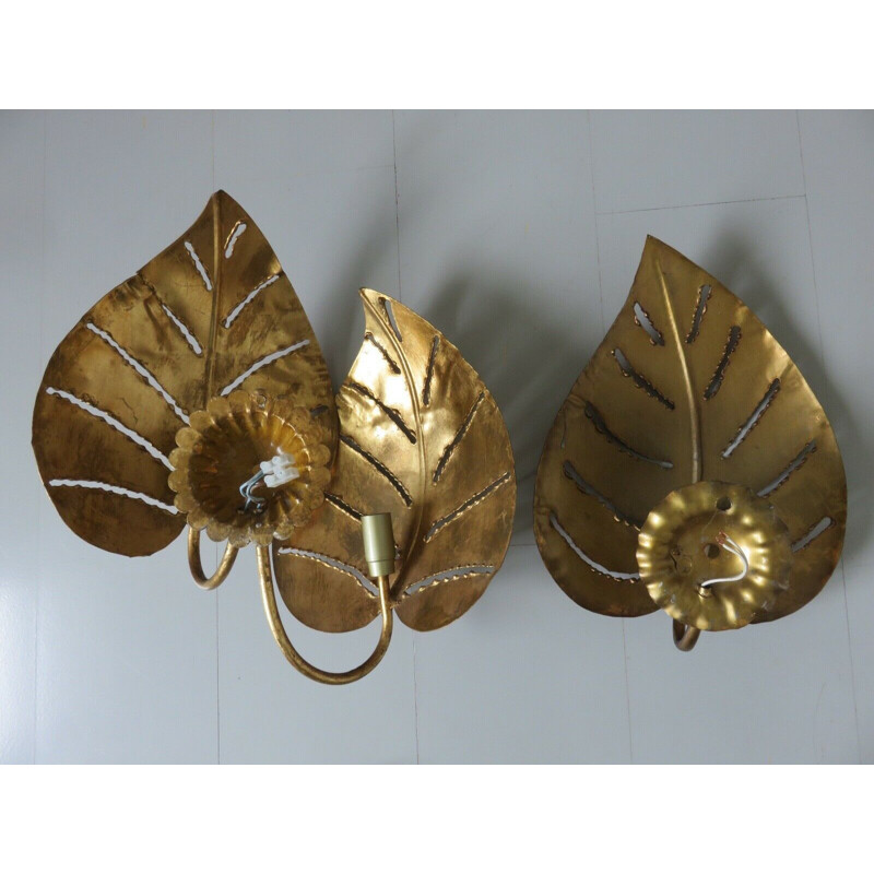 Paire d'appliques vintage feuilles en métal doré, 1970