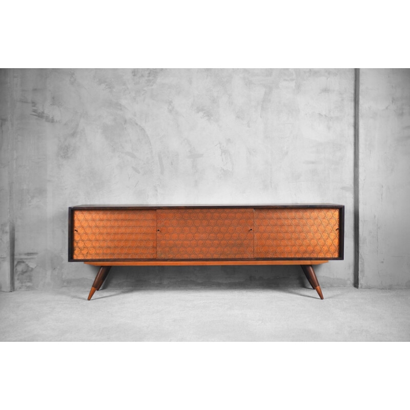 Vintage Copper and Walnut Sideboard, Italy, 1960s