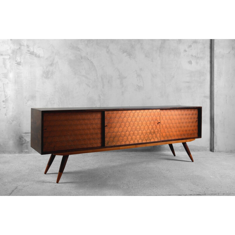 Vintage Copper and Walnut Sideboard, Italy, 1960s