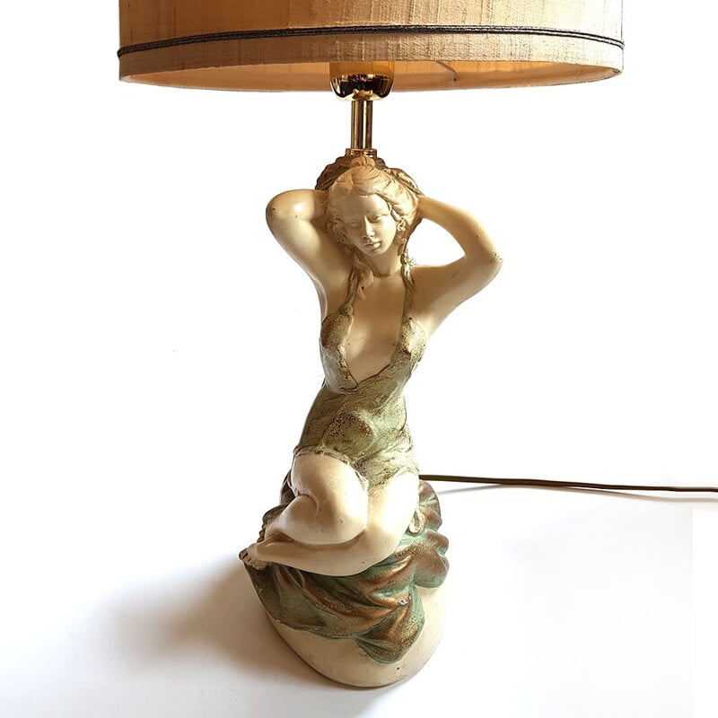 Lampe de table vintage avec sculpture Chalkware, 1950