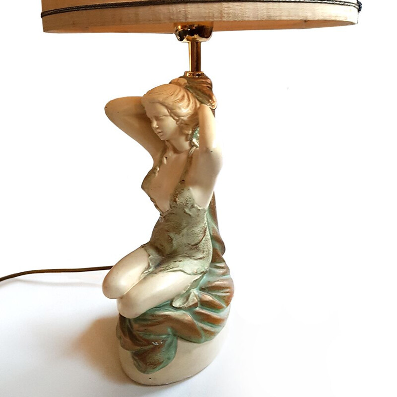 Lampe de table vintage avec sculpture Chalkware, 1950