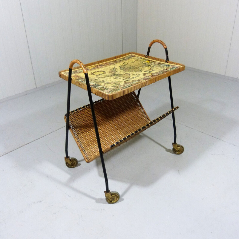 Vintage Side table on wheels in steel and brass, 1950s