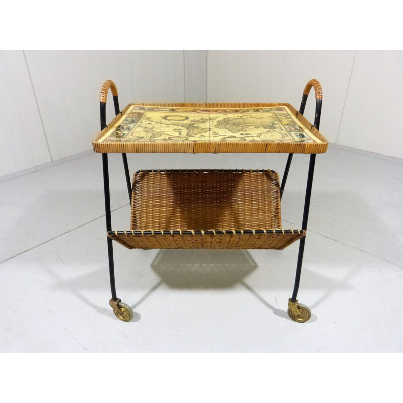 Mesa lateral em aço e latão Vintage sobre rodízios, 1950