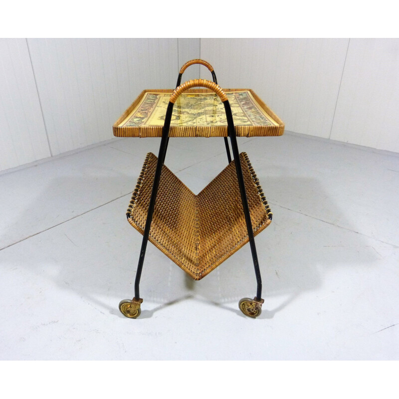 Vintage Side table on wheels in steel and brass, 1950s