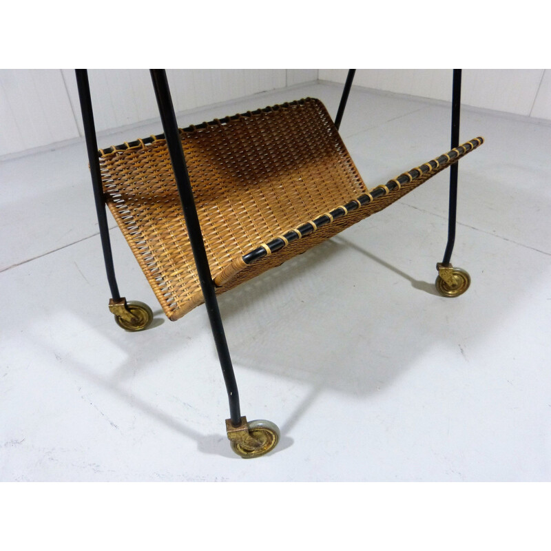 Vintage Side table on wheels in steel and brass, 1950s