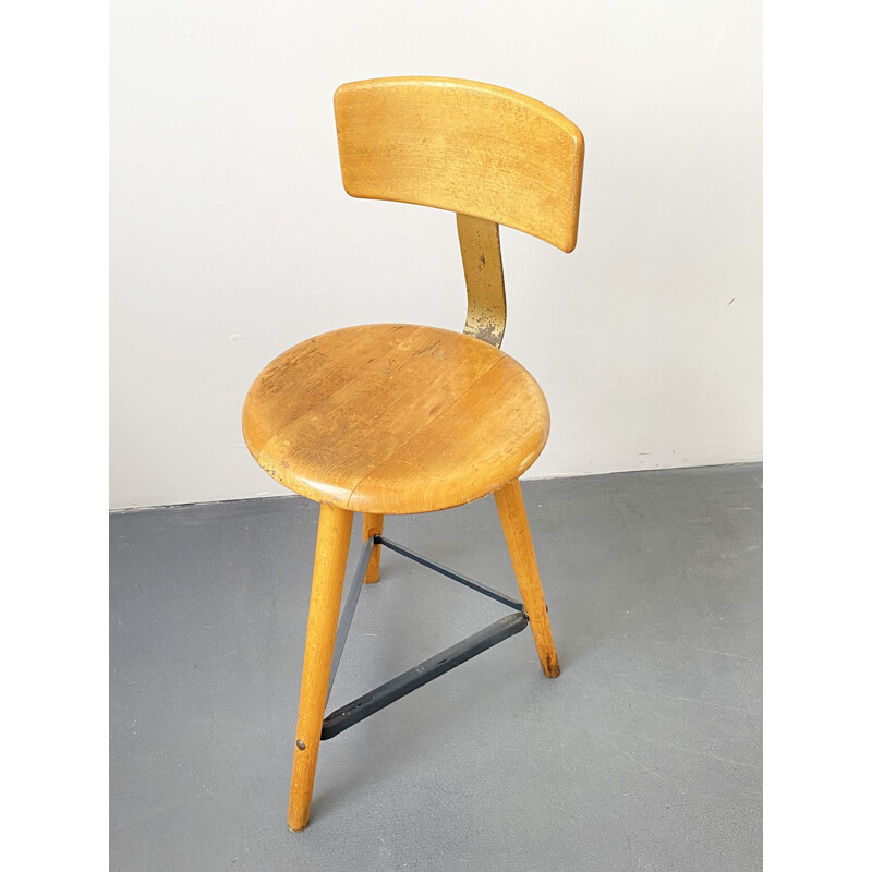 Vintage wooden and metal tripod Stool by Ama Elastik, 1950s