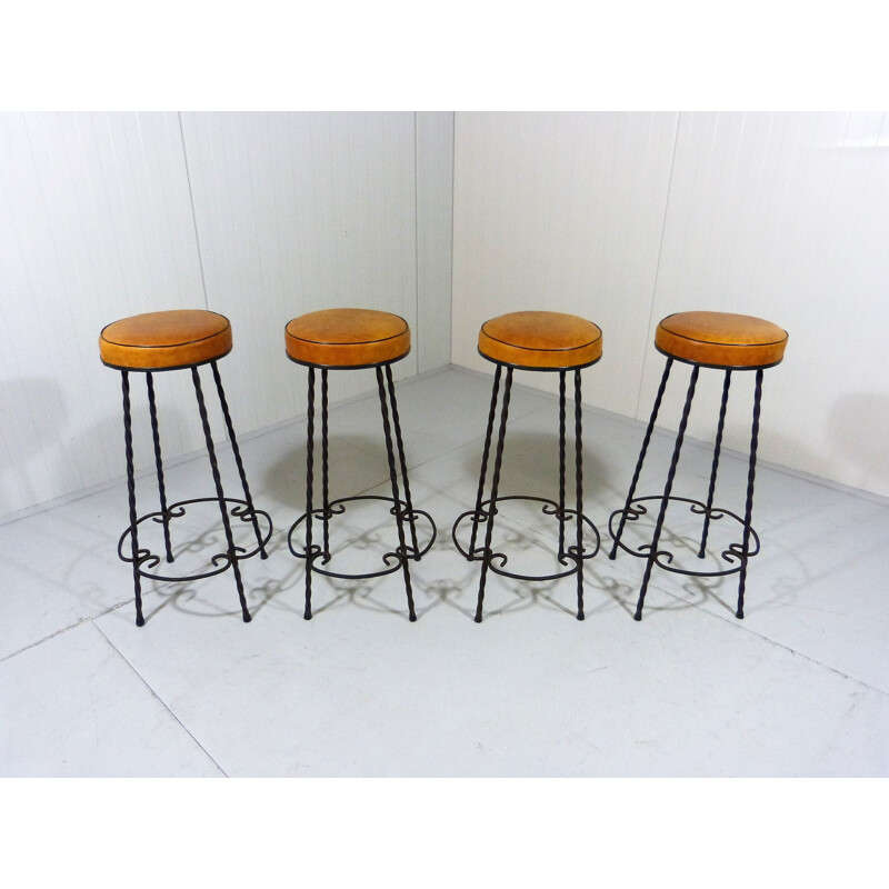 Set of 4 vintage wrought iron bar stools, 1950s