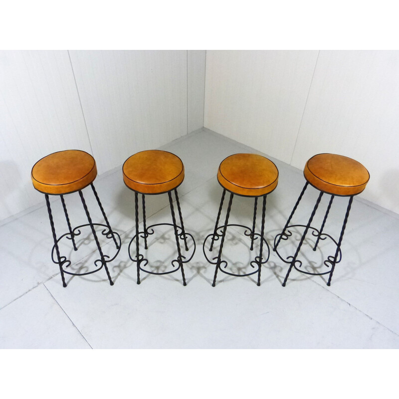 Set of 4 vintage wrought iron bar stools, 1950s