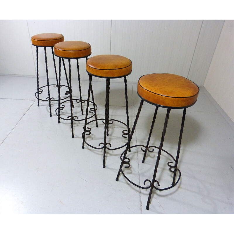 Ensemble de 4 tabourets de bar vintage en fer forgé, 1950