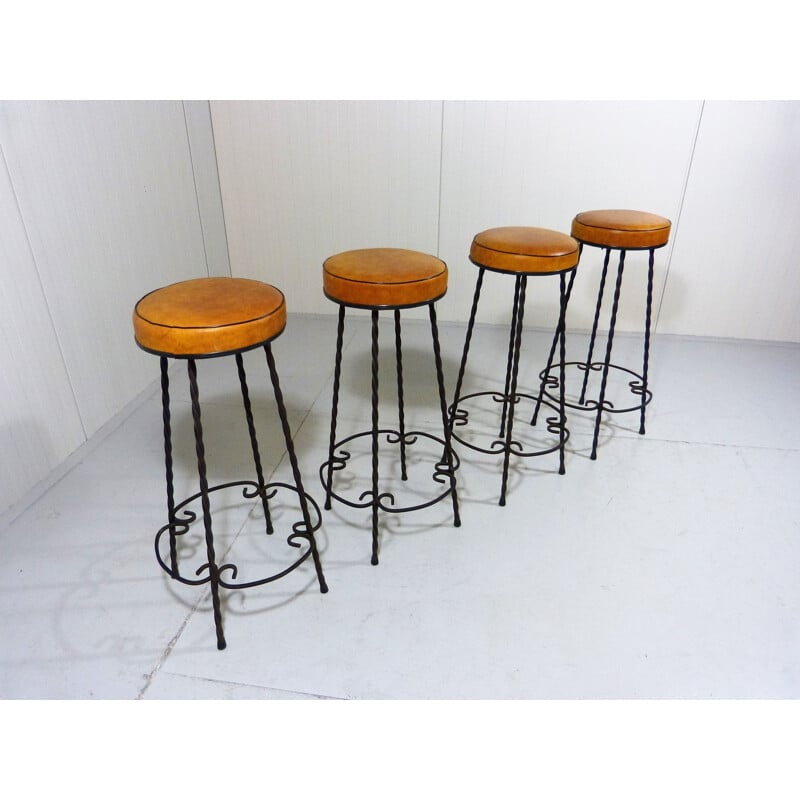 Set of 4 vintage wrought iron bar stools, 1950s