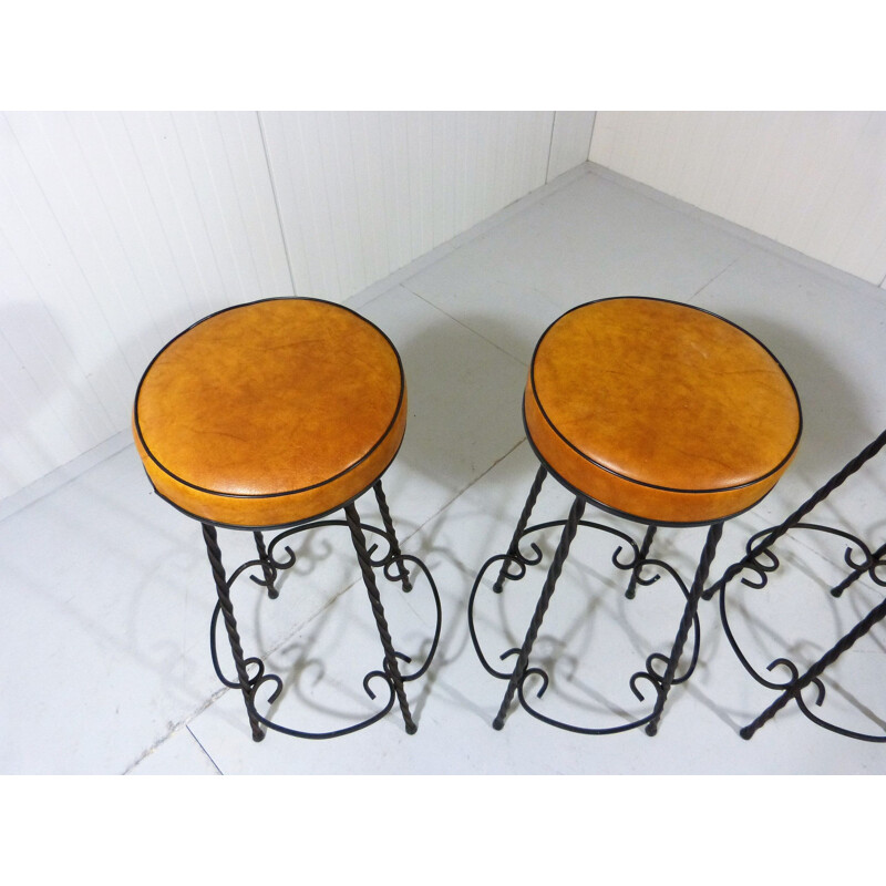 Ensemble de 4 tabourets de bar vintage en fer forgé, 1950