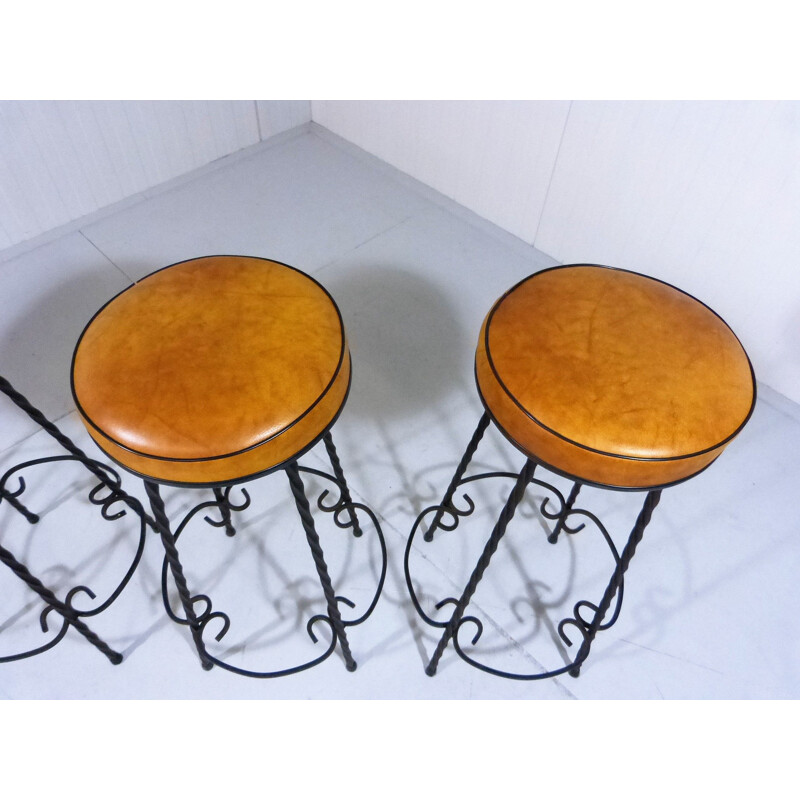 Ensemble de 4 tabourets de bar vintage en fer forgé, 1950