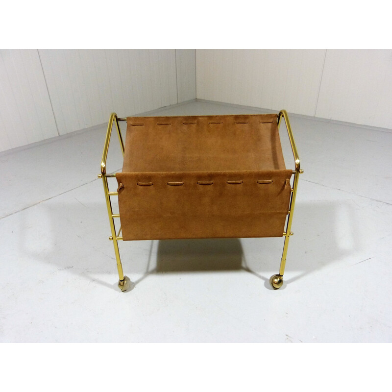 Vintage suede & brass magazine holder on wheels