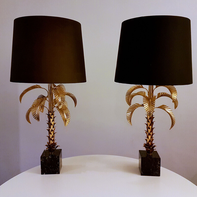 Paire d'impressionnantes lampes palmiers en métal doré 