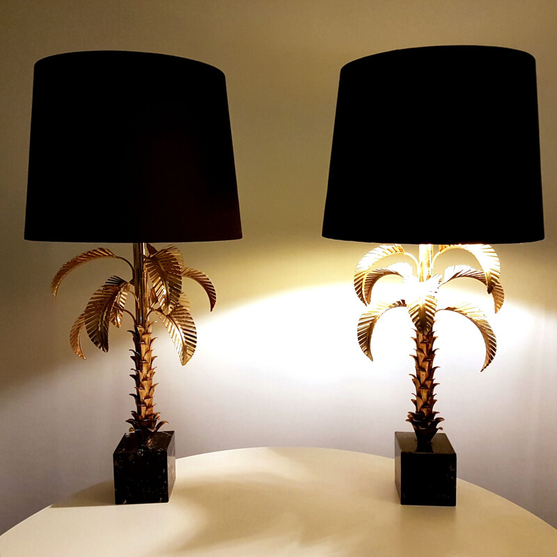 Paire d'impressionnantes lampes palmiers en métal doré 