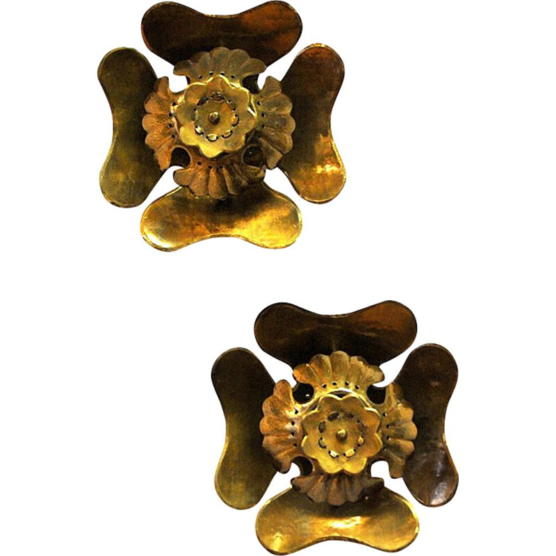 Set of 2 vintage brass Flower wall lights by Lars Holmström, Sweden, 1950s