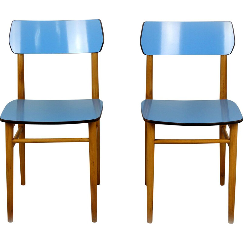 Set of 2 Vintage Blue Formica and beech chairs, 1960s