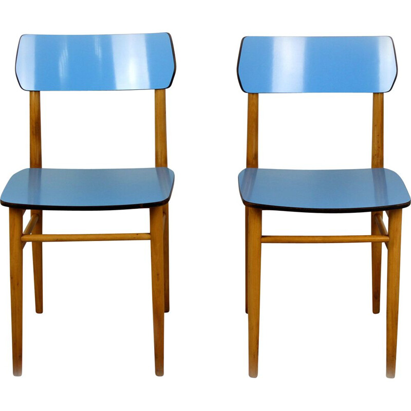 Juego de 2 sillas vintage de formica azul y haya, 1960