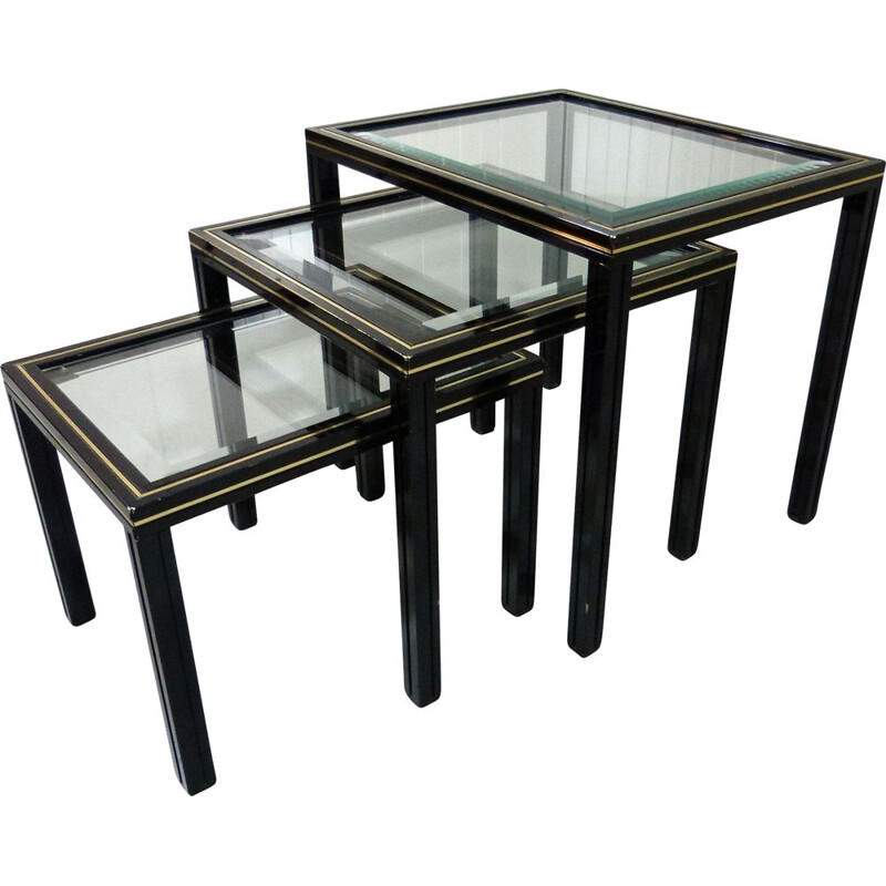 Vintage nesting tables in glass and black and brass fame by Pierre Vandel, France