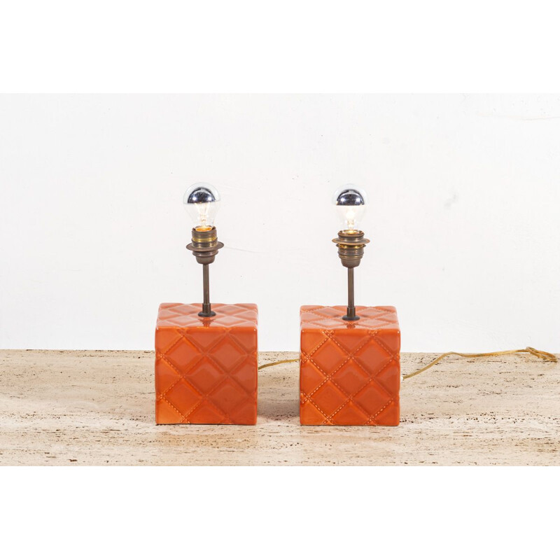 Vintage pair of ceramic and copper table lamps