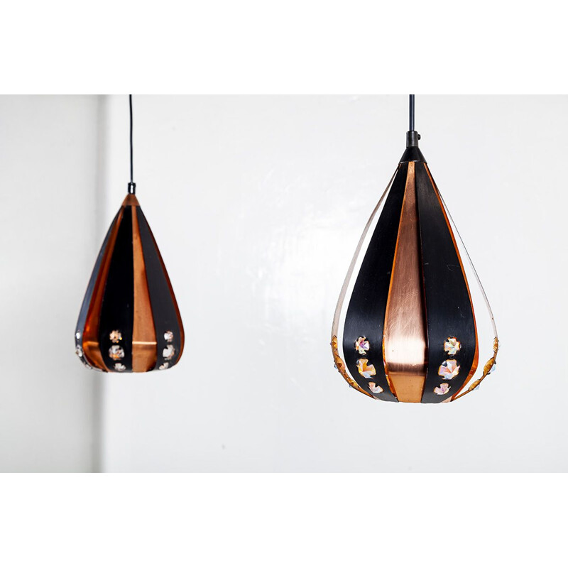 Pair of vintage copper and black metal pendant lamps by Werner Schou for Coronell Elektro, 1960