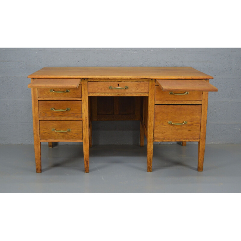 Vintage oak desk with brass handles, United Kingdom