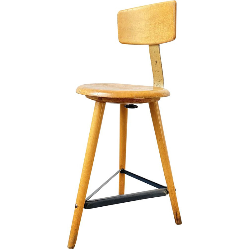 Vintage wooden and metal tripod Stool by Ama Elastik, 1950s