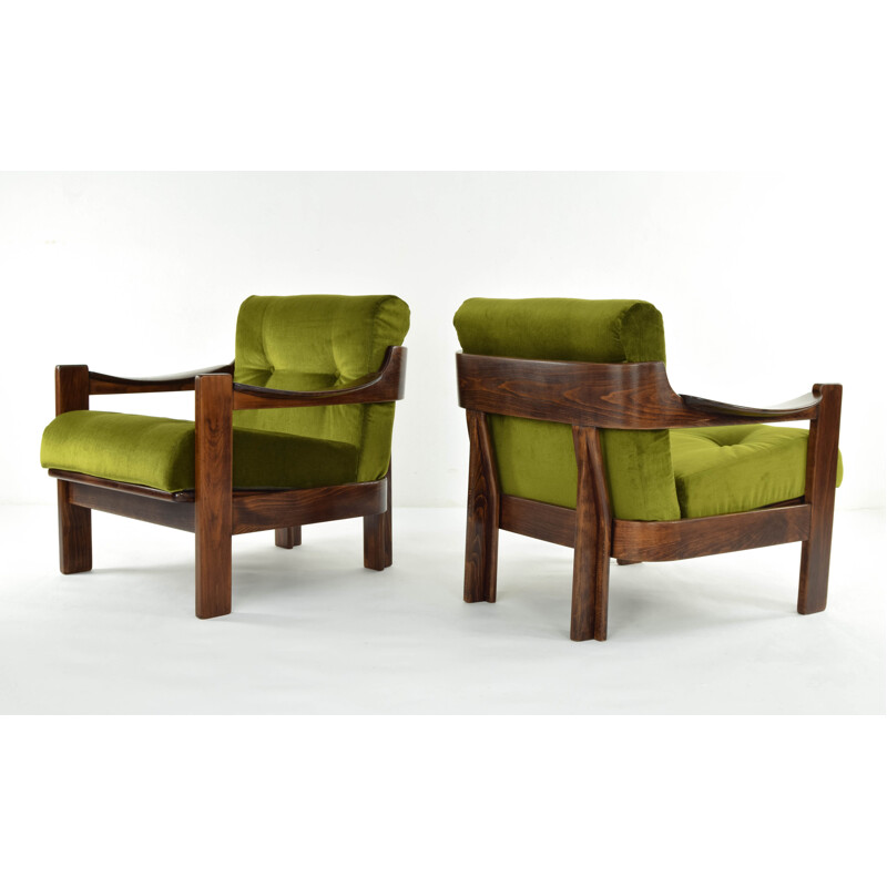 Pair of walnut and green velvet armchairs par AG Barcelona, Spain, 1970s