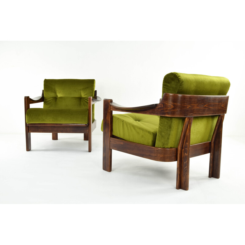 Pair of walnut and green velvet armchairs par AG Barcelona, Spain, 1970s