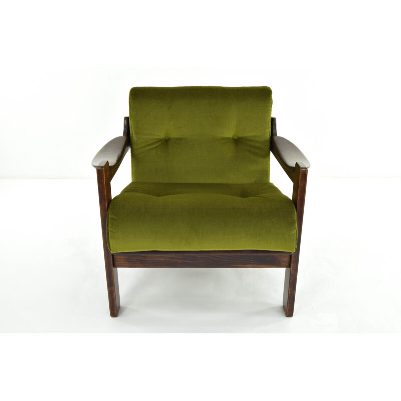 Pair of walnut and green velvet armchairs par AG Barcelona, Spain, 1970s