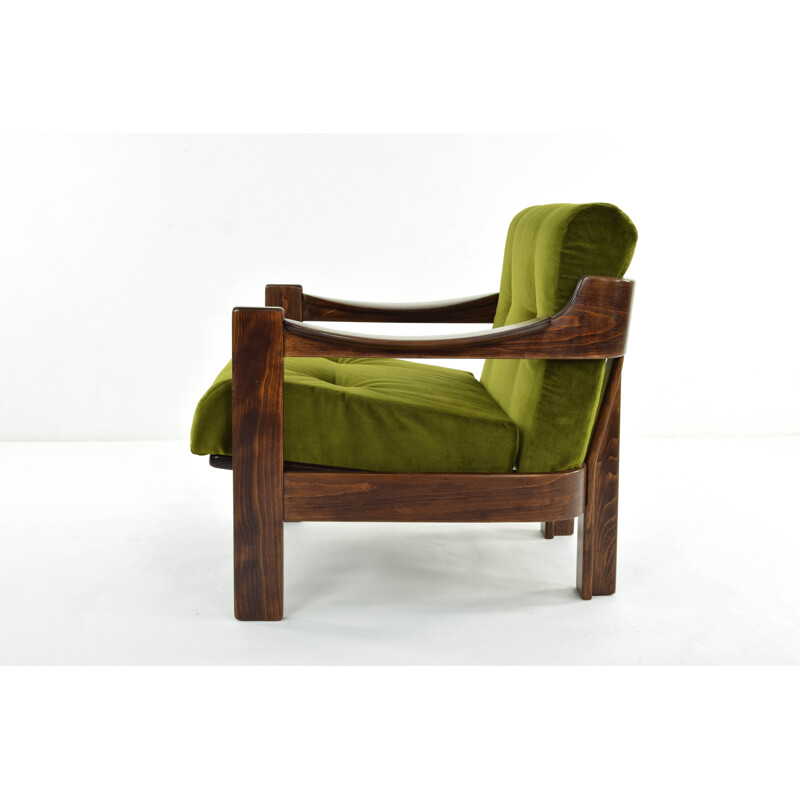 Pair of walnut and green velvet armchairs par AG Barcelona, Spain, 1970s