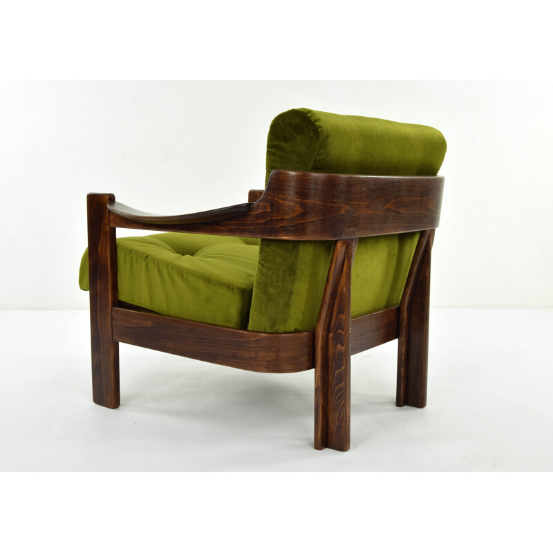 Pair of walnut and green velvet armchairs par AG Barcelona, Spain, 1970s