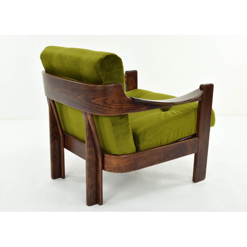 Pair of walnut and green velvet armchairs par AG Barcelona, Spain, 1970s