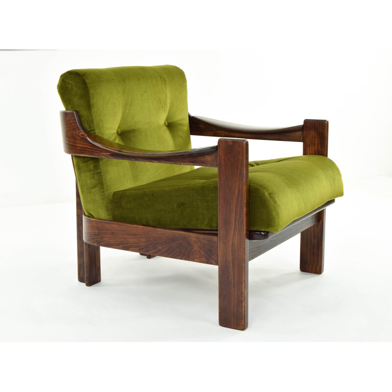 Pair of walnut and green velvet armchairs par AG Barcelona, Spain, 1970s